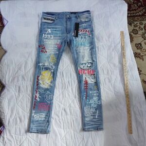 Rockstar Original Koontz Jean Blue Ultra Slim Mens Graphic Print Denim 38x32 NWT
